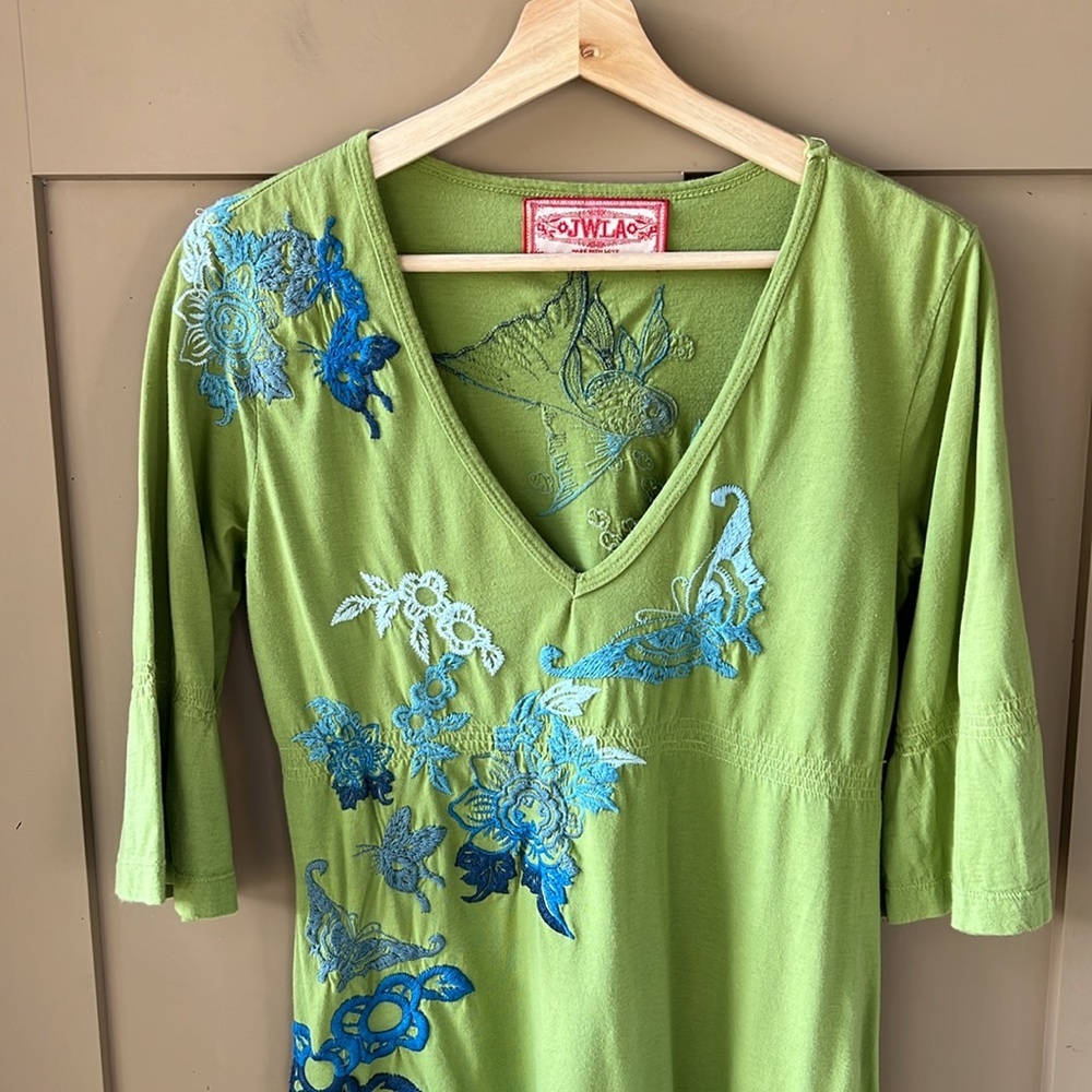 Johnny Was Lime Green Mini Dress with Blue Floral Embroidery - Picture 2 of 8